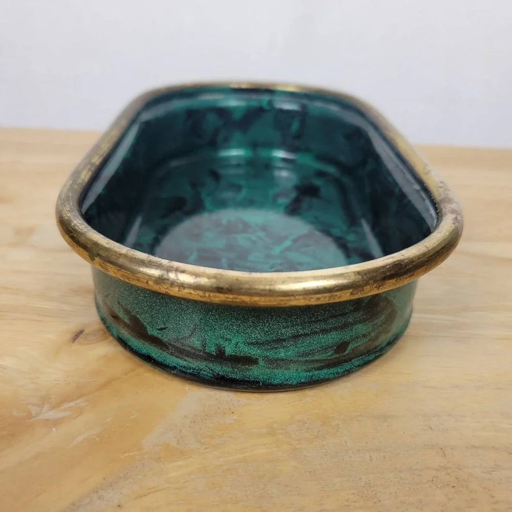 Jolly Hotels Vintage Green and Gold Metal Catch-All Tray Hollywood Regency Moody